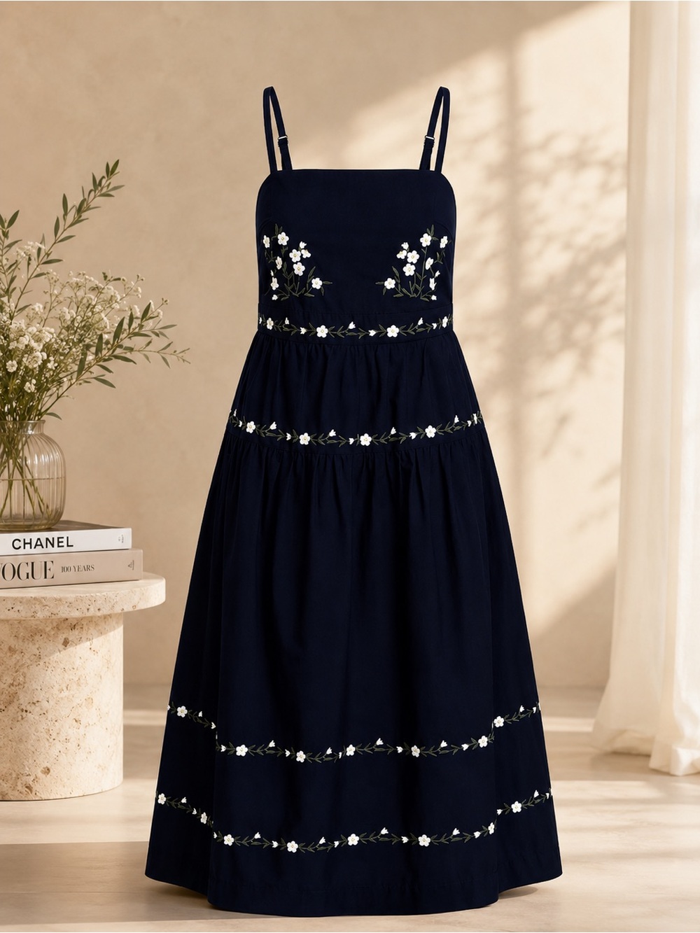 Free Assembly Navy Floral-Embroidered Midi Dress with Spaghetti Straps